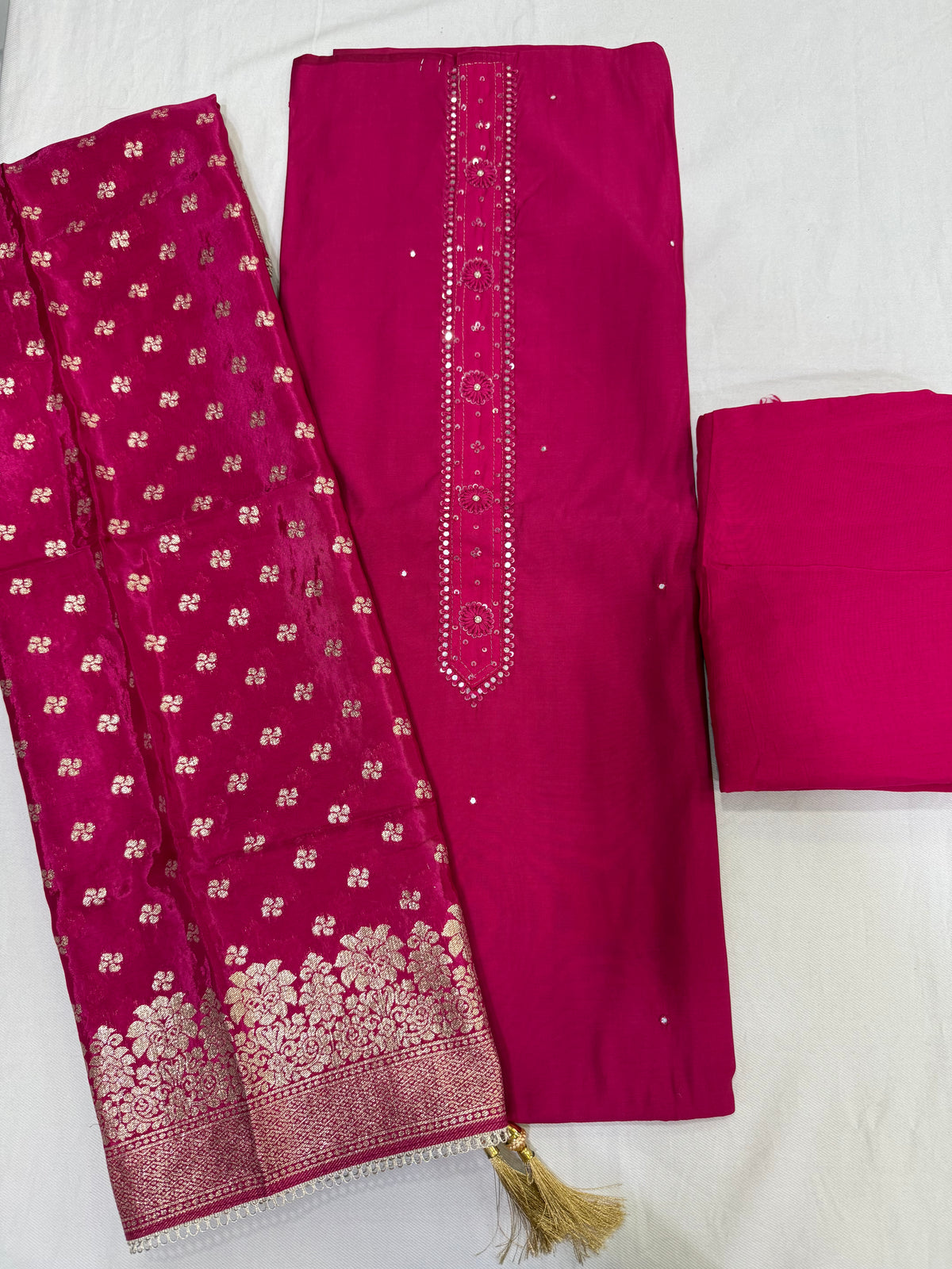 Hot pink muslin with banarsi dupatta