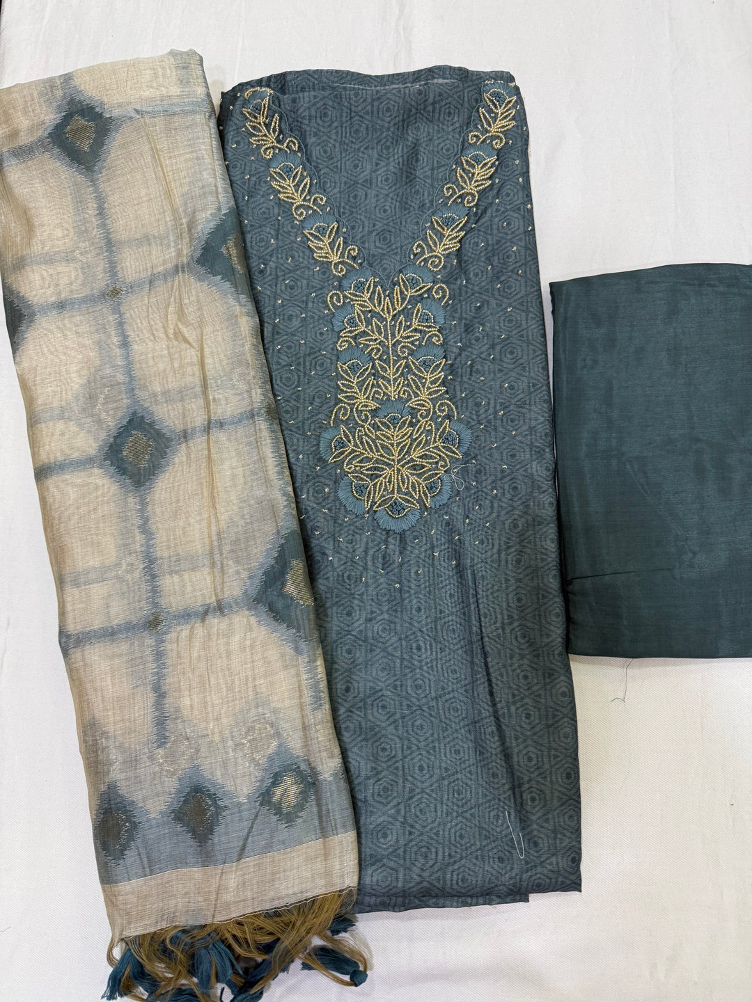 Chanderi embroidered shirt with jamdani dupatta