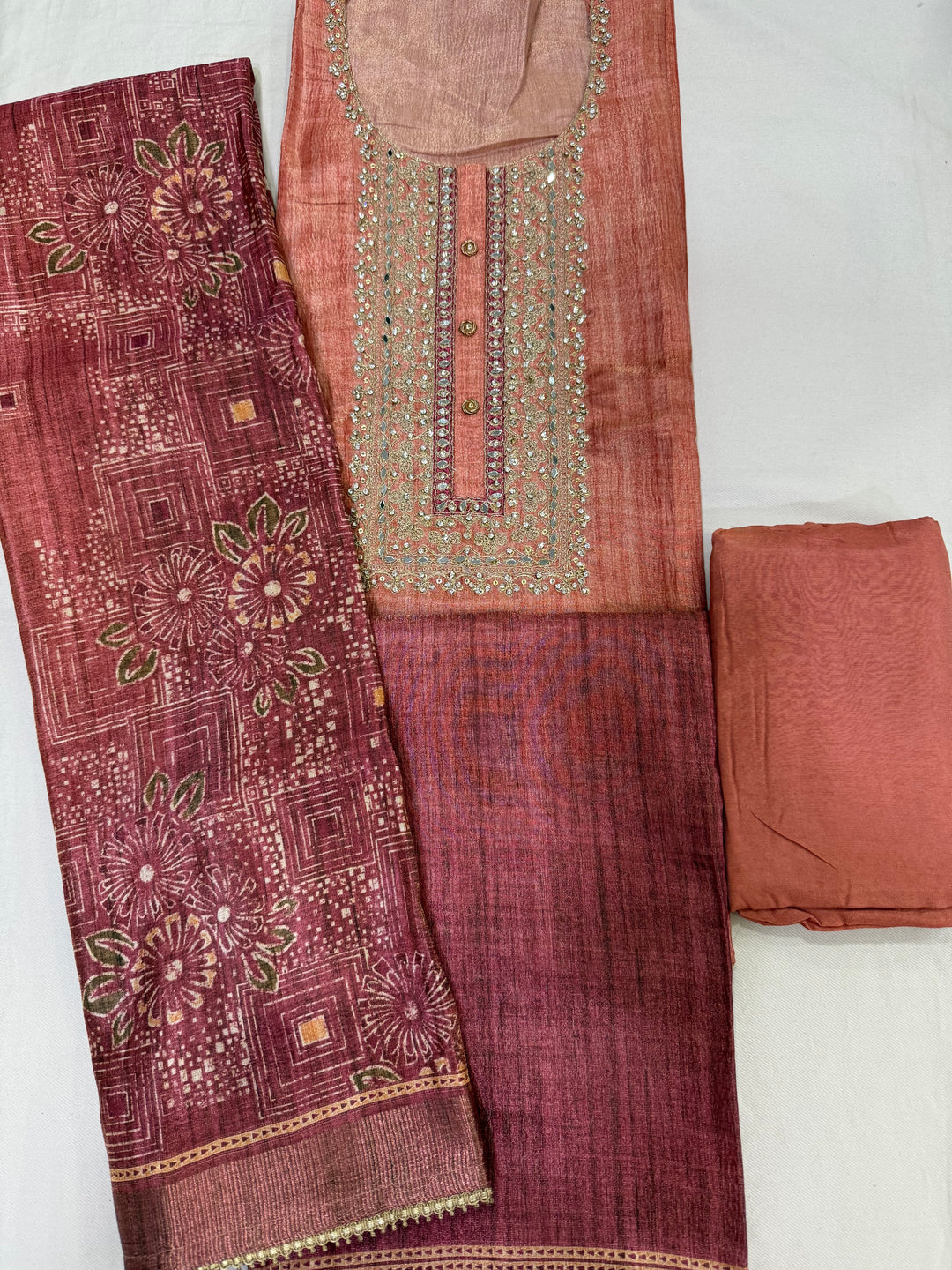 Semi tussar embroidered set with printed semi tussar dupatta