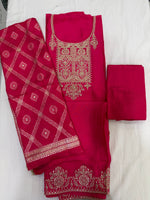Load image into Gallery viewer, Premium Dola Silk Embroidered top paired with a beautiful Bandhej Dupatta
